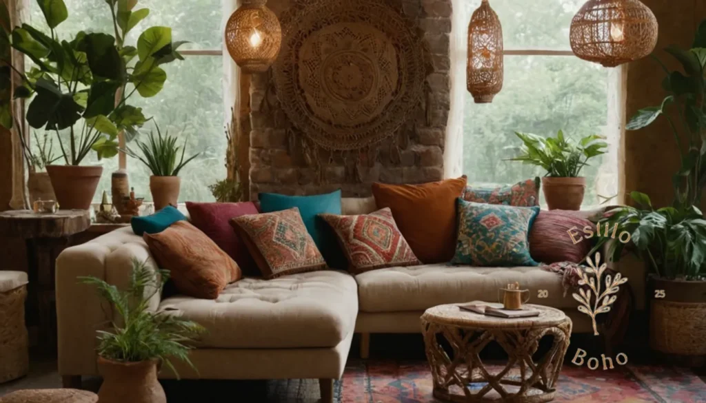 Decorar con Textura Boho Chic: Una foto de estilo de vida con decoraciones texturizadas y eclécticas de inspiración bohemia.