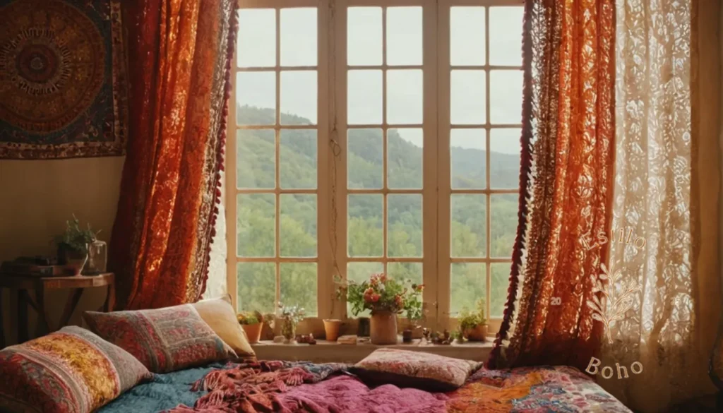 Equilibrar Texturas Bohemias: Un collage textiles inspirado en bohemio o un concepto de decoración de mezcla y combinación.