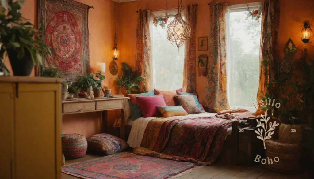 Mix de textiles bohemio errores corrección: Un atuendo de inspiración bohemia en medio de textiles vibrantes y decoraciones eclécticas.