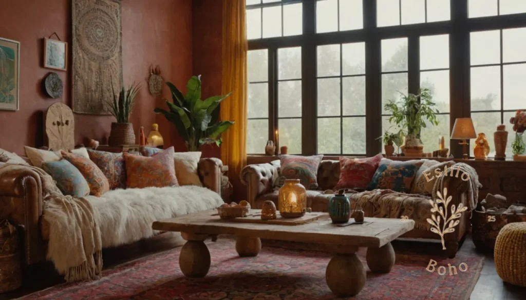 Decoración Boho Equilibrada: Espacio de vida ecléctico e inspirado en bohemio con texturas y patrones variados.