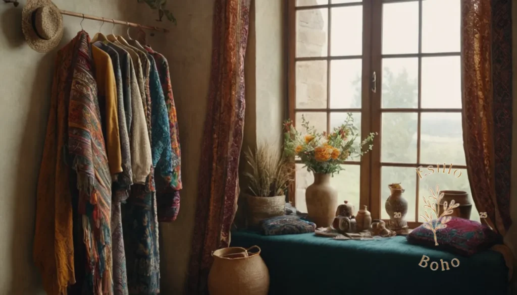 Textiles bohemios elegidos con estilo: Una disposición de ropa con textura en capas con patrones eclécticos inspirados en bohemio.