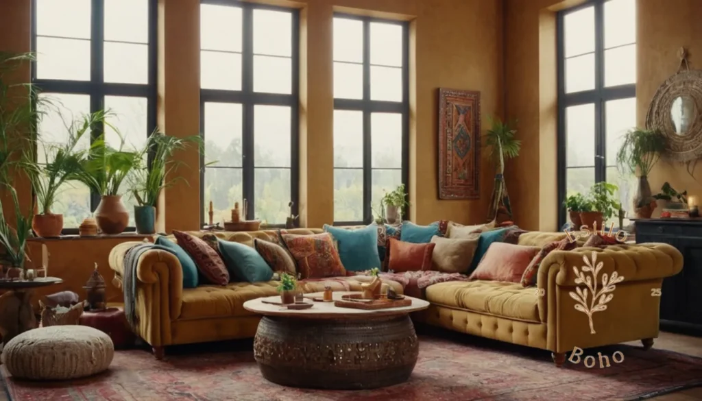 Combinar texturas estilo bohemio cohesivo: Una sala de estar de estilo bohemio bellamente diseñado
