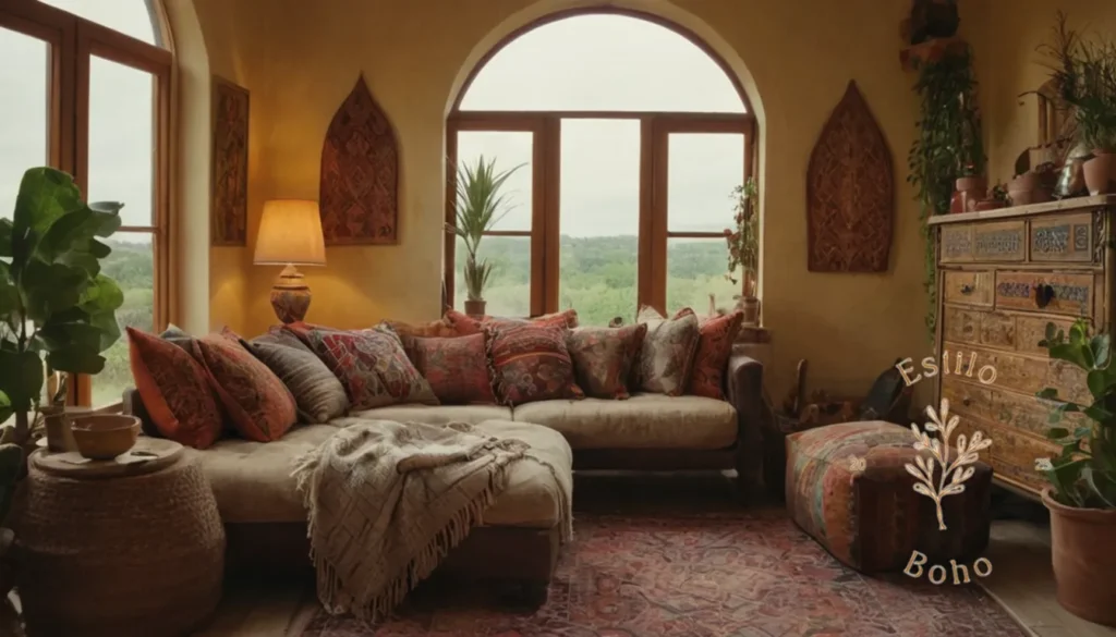 Combinar Texturas BoHo Rústicas: Una configuración de hogar bohemio con texturas y patrones eclécticos.