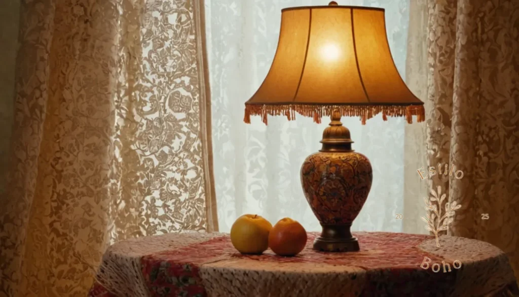 Elegir la bombilla correcta lámparas bohemia: Una lámpara de inspiración bohemia en un telón de fondo texturizado y estampado.