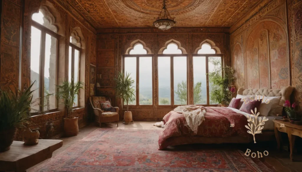 Boho Interior Design Sin Texturas: 4-6 Imágenes inspiradas en bohemia se mezclan en medio de patrones de remolino.