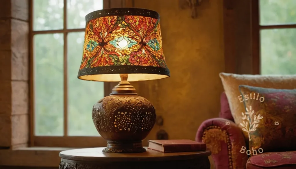 Lámparas de diseño Bohemia: Una lámpara de inspiración bohemia en una mesa auxiliar de estilo vintage.