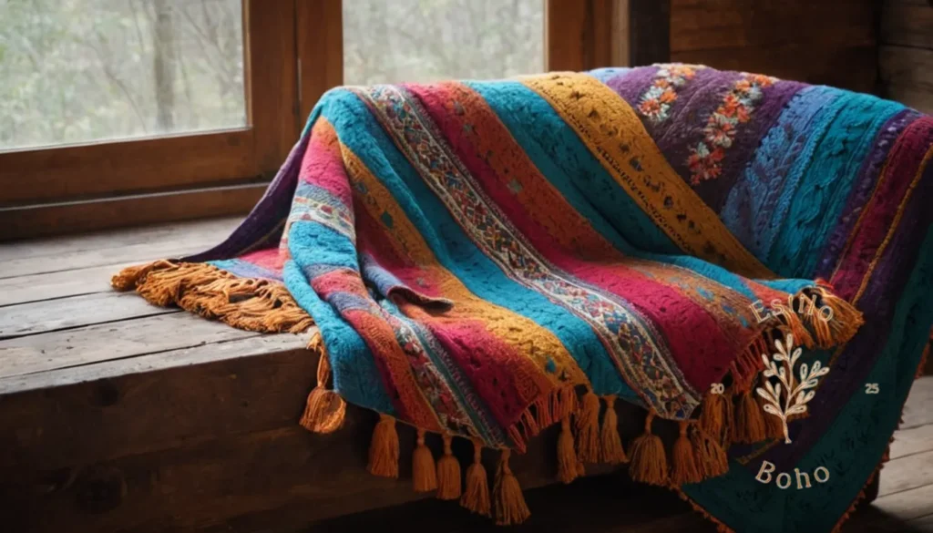 Patrones de Crochet Bohemios: Una colorida manta bohemia envuelta sobre un sofá de madera rústica.