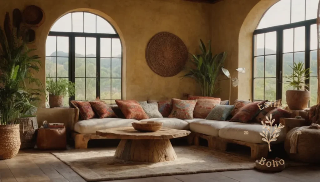 Textiles Boho con Diferentes Texturas: Una sala de estar de estilo bohemio con texturas naturales y decoración equilibrada.