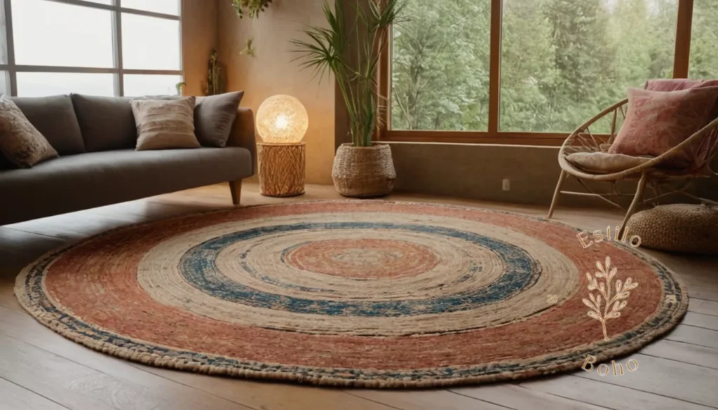 Combina BoHo Texturas Armoniosamente: Una alfombra de yute de estilo bohemio en una acogedora sala de estar.