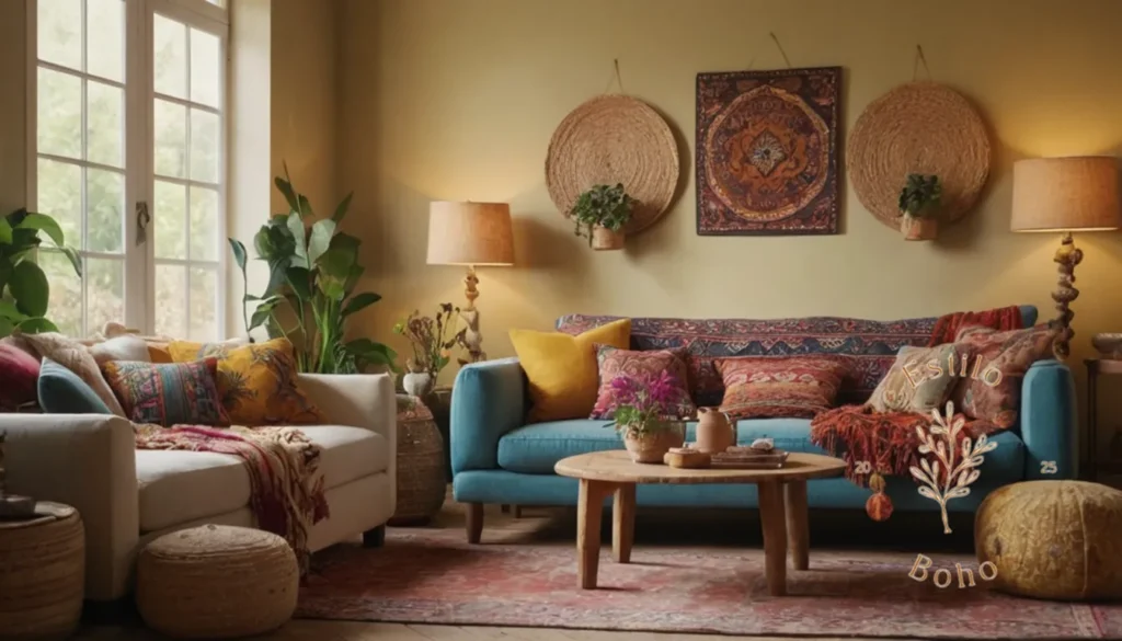Elegir Texturas Boho Estiladas: Una sala de estar de inspiración bohemia con texturas y patrones de decoración mixtos.