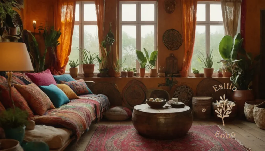Combina Texturas Boho Perfectamente: Textiles vibrantes y elementos eclécticos en un entorno interior de estilo bohemio.
