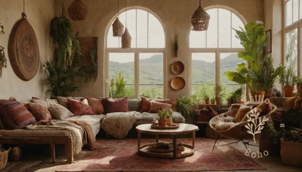 Combinar Texturas Boho en Espacios Pequeños: Un espacio de vida bohemio pacífico con decoración texturizada.