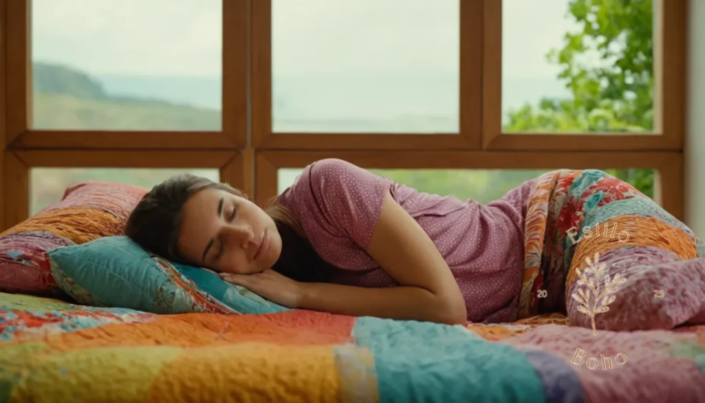 Cuidado Organico Telas Algodon: Una mujer que descansa sobre una colorida configuración de ropa de cama orgánica.