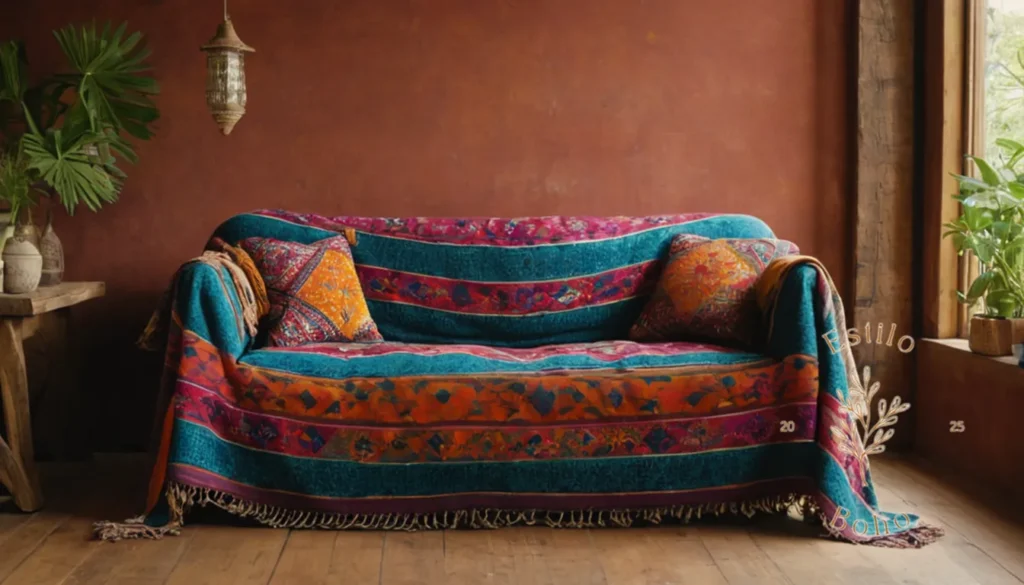 Terciopelos Bohemios para Dormitorio: Un sofá elegante y de inspiración bohemia cubierta con una colorida maceta.