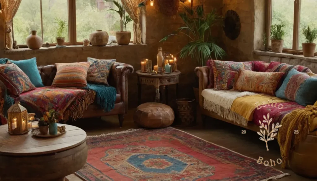 Decoración Boho Texturas Casas: Una sala de estar de temática bohemia con textiles eclécticos que se exhiben prominentemente.