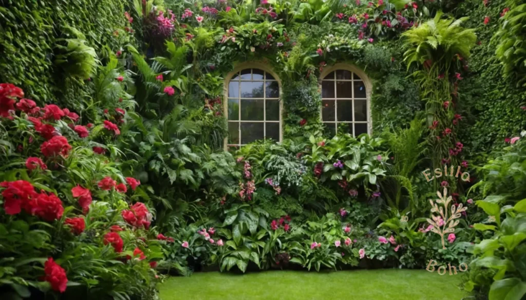 Diseño Sostenible Bohemio: Un exuberante y vibrante jardín vertical con vegetación y flores.