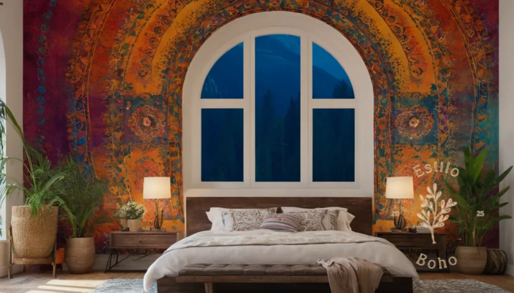 Mantas bohemias personalizadas para sofas: Texturas y patrones vibrantes y eclécticos en una calcomanía de pared inspirada en bohemia.