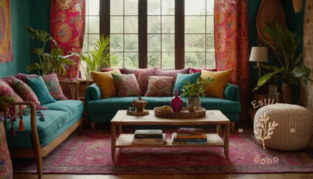 Boho Estilos Decorativos: Una sala de estar colorida y bohemia con textiles y patrones vibrantes.