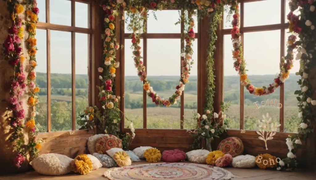Bodas boho con textiles naturales: Una guirnalda floral de estilo bohemio hecha de algodón orgánico suave.