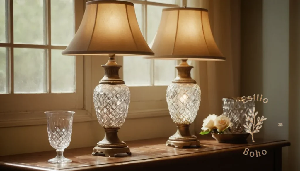 Lámparas de pie bohemía contemporánea: Una lámpara de metal de estilo vintage junto a un jarrón de cristal brillante.