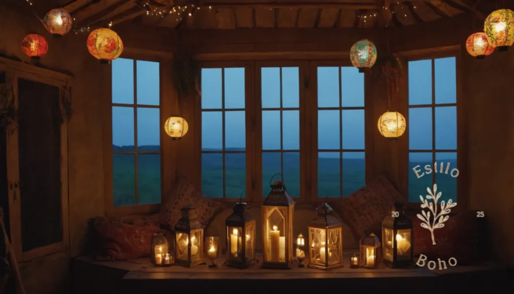 Lámparas Bohemias Artesanales: Velas y linternas únicas y brillantes en un entorno bohemio.