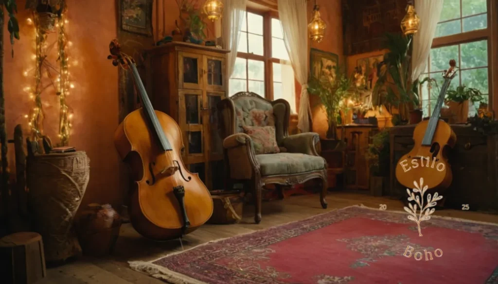 Combinar Texturas Boho Estilo Decorativo: Un instrumento de cuerda de estilo bohemio en medio de iluminación ecléctica vibrante.