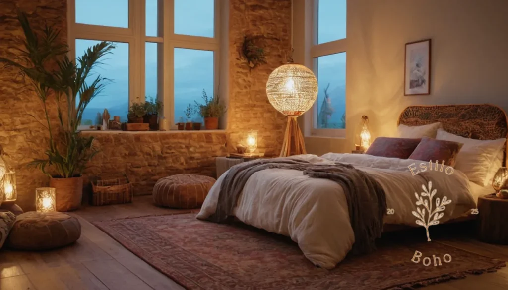 Lámparas de pie bohemias: Una acogedora habitación bohemia con una lámpara de piso eficiente.