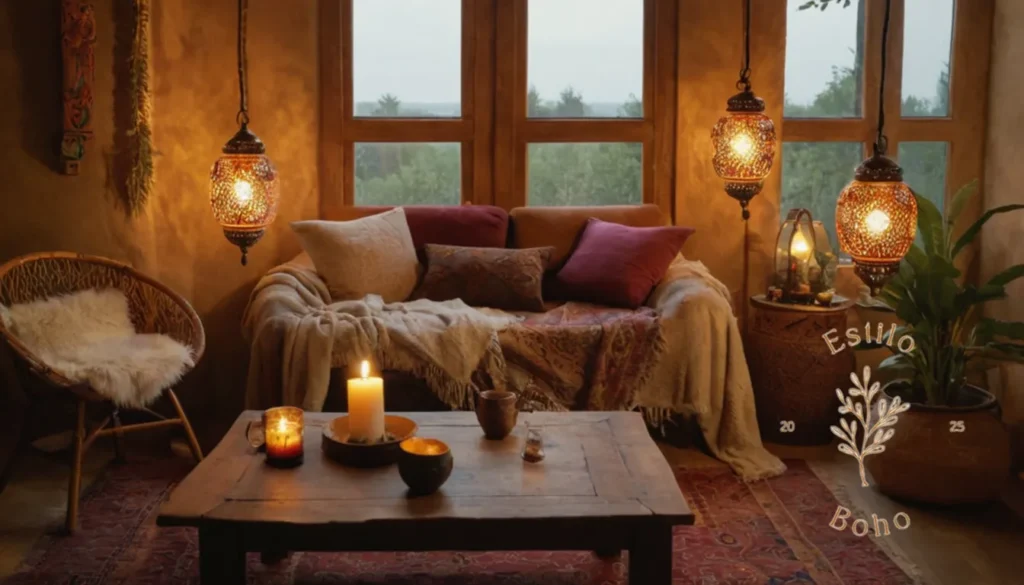 Lámparas de estilo Bohemio exterior: Lámparas bohemias que iluminan un ambiente acogedor y elegante de la sala de estar.