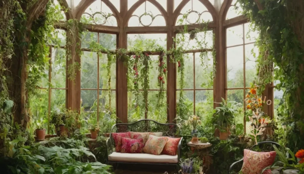 Plantas trepadoras bohemias: Una escena caprichosa del jardín bohemio con enredaderas exuberantes.