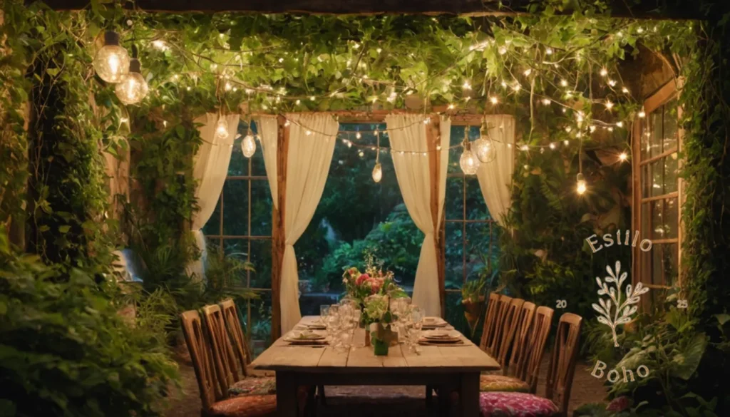 Pérgolas para plantas trepadoras en arbolado: Una escena caprichosa del jardín bohemio con enredaderas exuberantes y luces centelleantes.