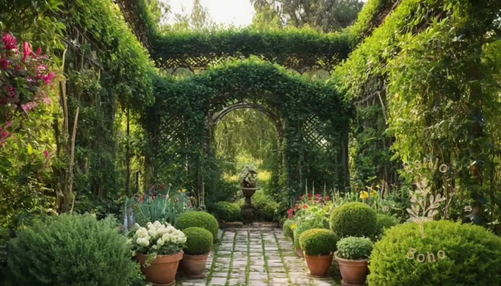 Plantas trepadoras bohemias minimalistas: Un exuberante jardín enrejado con elementos creativos de reutilización.