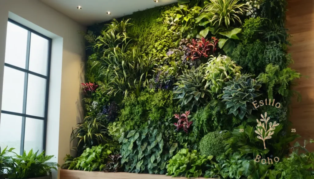 Oasis Bohemio en Casa: Un jardín vertical sereno con exuberante vegetación y algunos elementos decorativos.