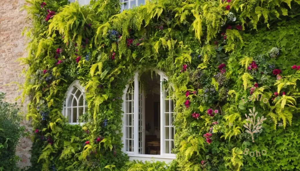 Bohemios Plantas Trepadoras Pequeños Espacios: Un exuberante y vibrante jardín vertical con vides exuberantes entrelazadas.