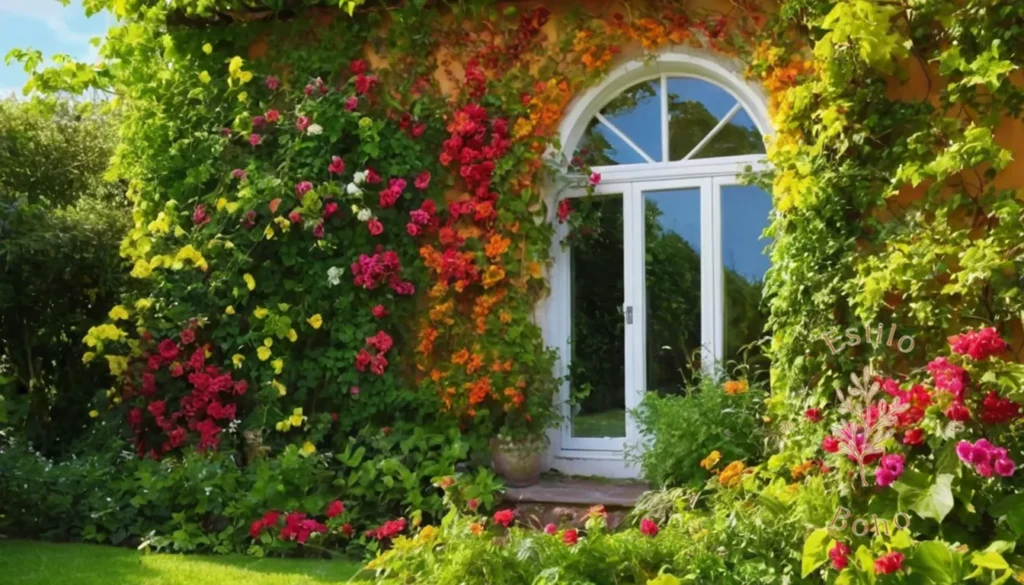 Plantas trepadoras bohemio para sombreados: Un jardín vibrante y exuberante con vides y colores trepadores.