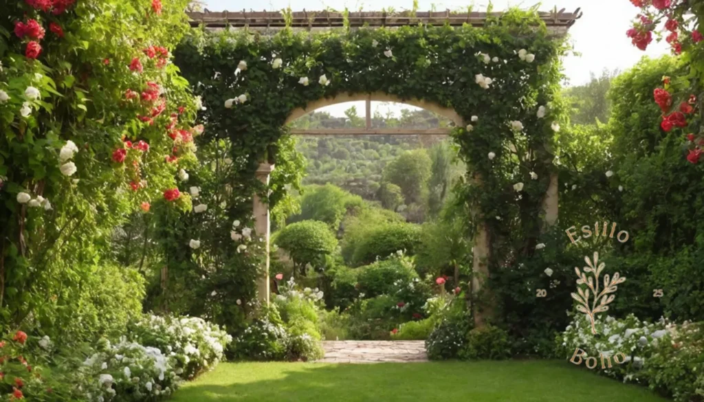 Plantas Trepadoras Bohemias Altura: Un exuberante jardín con vides enrejadas y flores florecientes.