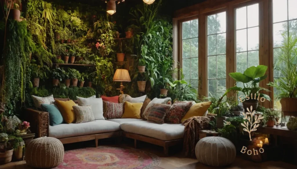 Plantas trepadoras bohemias luxuriantes: Un exuberante jardín vertical rodeado de decoración de inspiración bohemia.