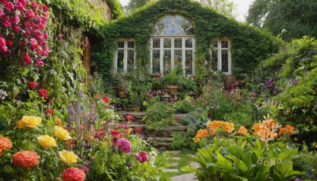 Pérgolas con Plantas Trepadoras Bohemias: Un vibrante jardín bohemio con exuberantes plantas y flores coloridas.
