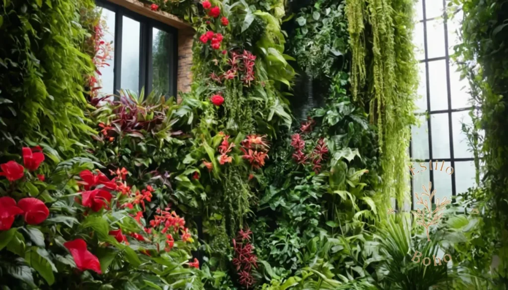 Protección Plantas Trepadoras Heladas Jardín Bohemio: Un exuberante jardín vertical con vides y flores exóticas.
