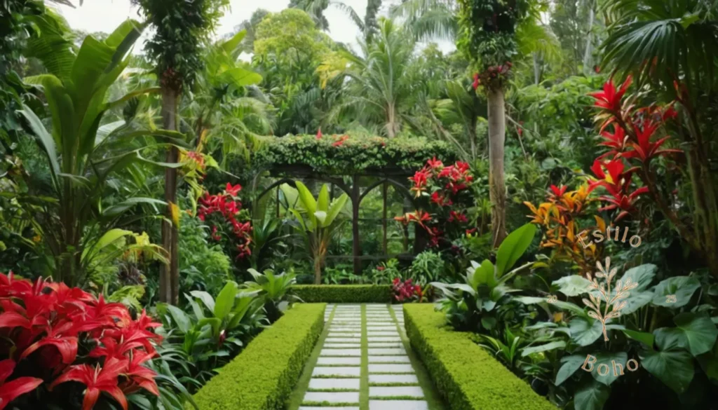 Plantas trepadoras para jardines bohemios: Una colorida y exuberante escena de jardín con escaladores tropicales.