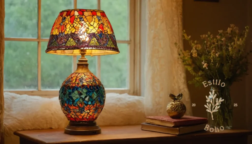 Lámparas de Pie Bohemias Otoño: Una lámpara reciclada única y elegante en un entorno de hogar bohemio.