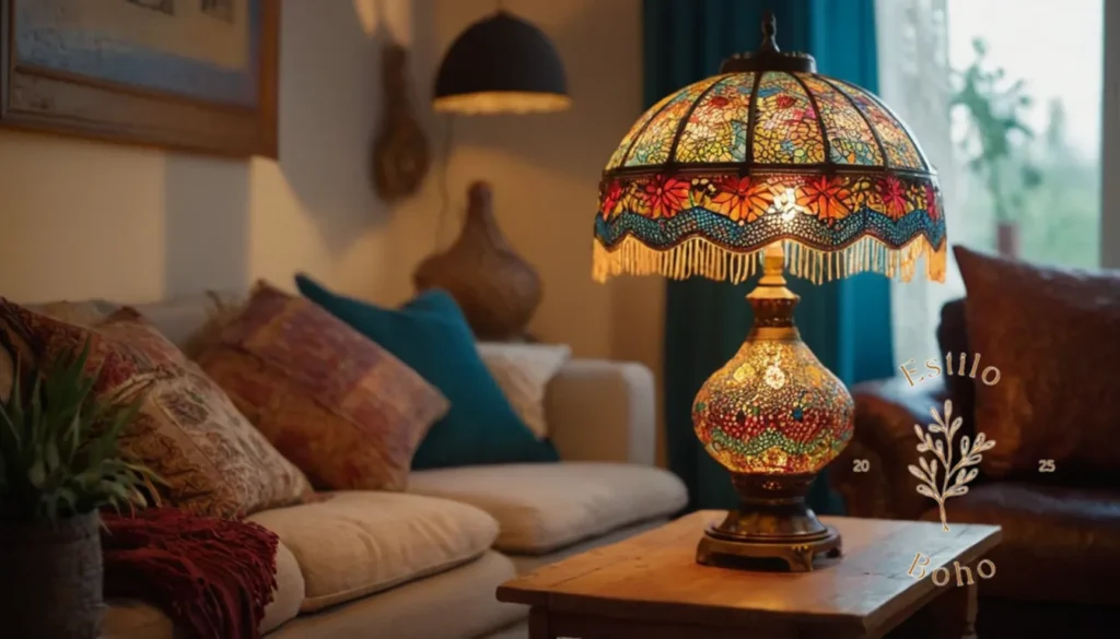 Lámparas Vintage Baratas: Una elegante lámpara bohemia en una acogedora configuración de espacio vital.