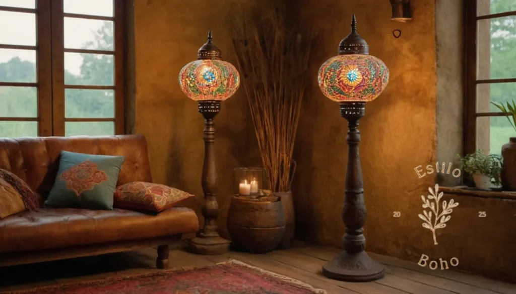 Bohemia Piel Forjada Lámparas De Teléfono: 3 hermosas lámparas bohemias en un entorno rústico.