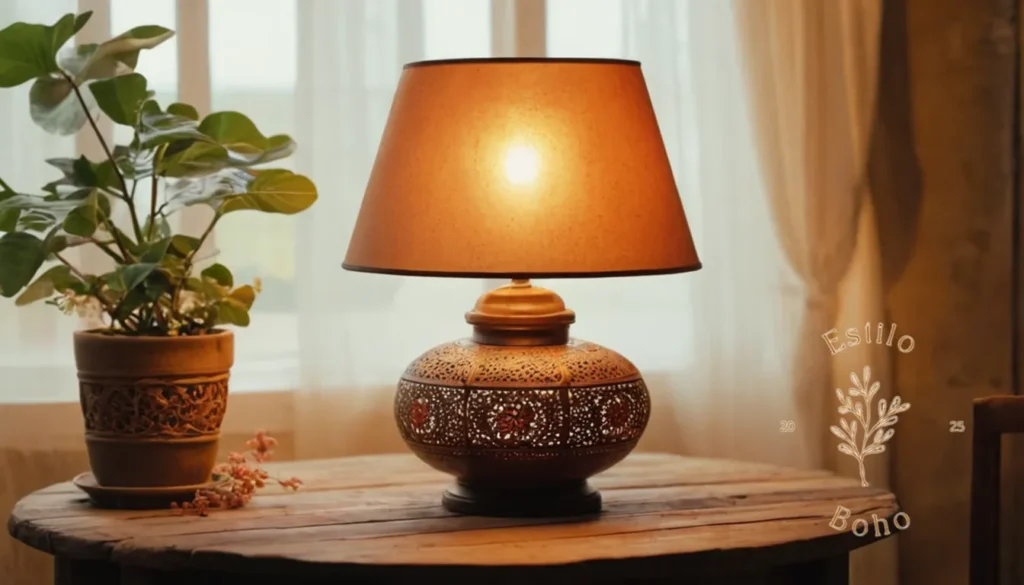 Lámparas de Pie Bohemias con Regulación: Una encantadora lámpara de estilo bohemio en una mesa de madera antigua.