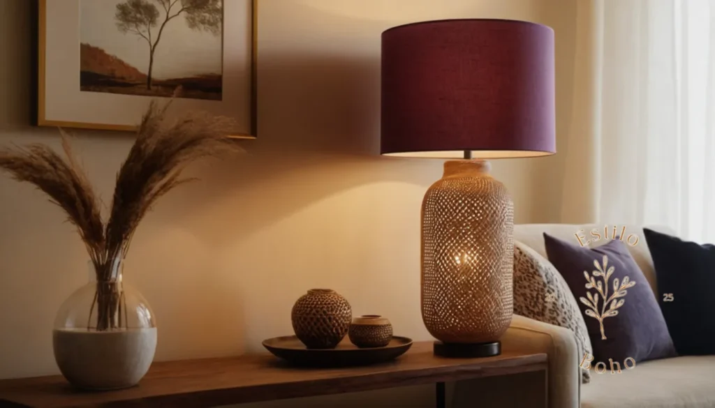 Lámparas Bohemias Románticas Pie: Una lámpara minimalista en una elegante sala de estar de inspiración bohemia.