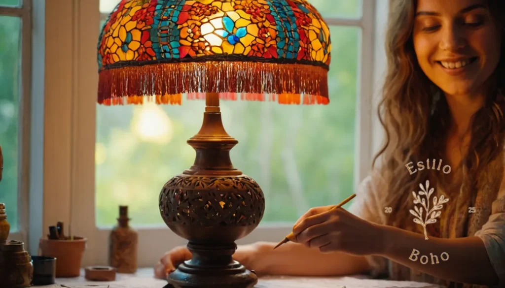 Lámparas Bohemias con Acabado Antiguo: Una colorida lámpara de estilo bohemio que está elaborada por un artista feliz.