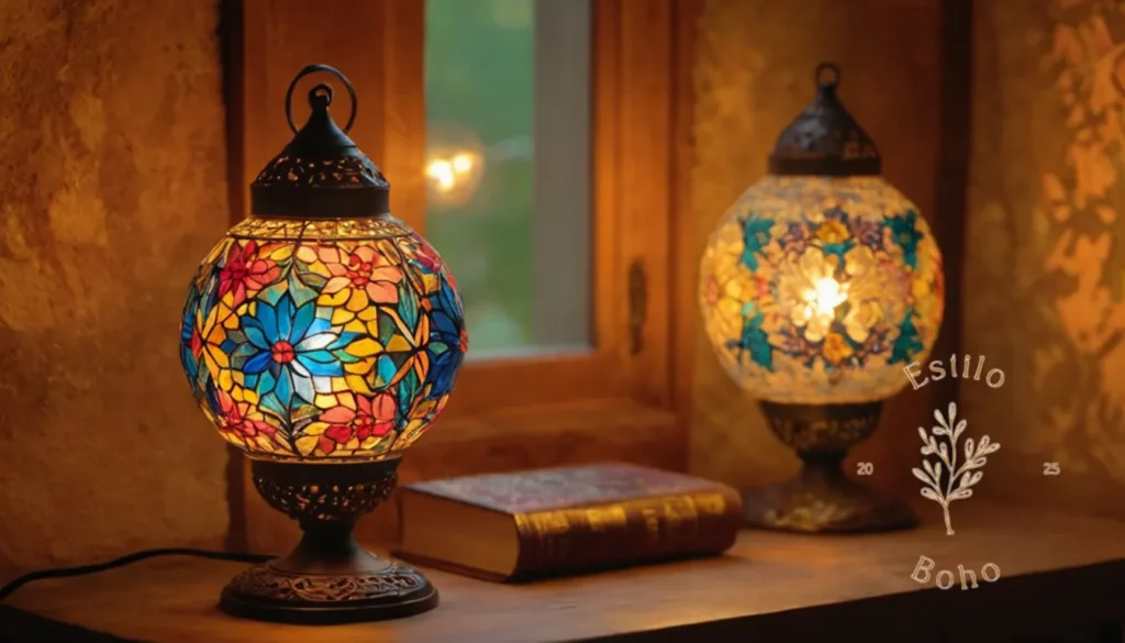 Lámparas bohemias con carga para dispositivos: 3-4 diseños ecológicos únicos y artesanales sobre un fondo bohemio colorido.