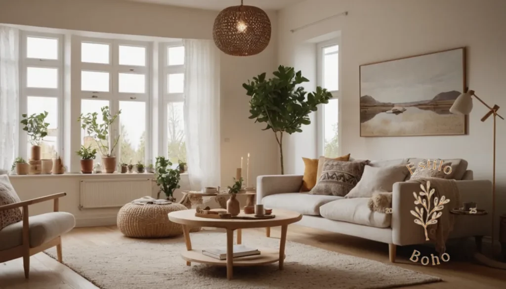 Reparar lámpara pie bohemio: Una sala de estar escandinava minimalista con toques decorativos bohemios.