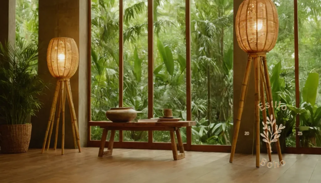 Combinar Bohemios Texturas Patrones: 3 Lámparas de bambú bohemia en medio de exuberante vegetación.