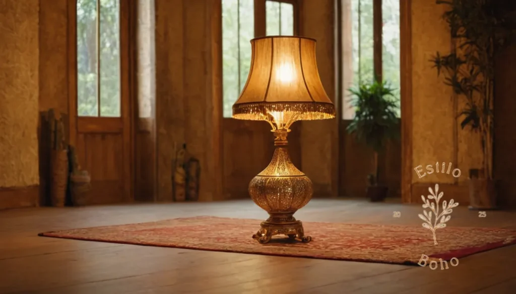 Lámparas bohemias de pie con bordados: Una lámpara de piso bohemia dorada en un piso de madera.