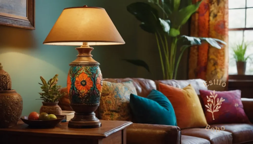 Diseño Bohemio con Lámparas de Pie Pequeños: Lámparas de mesa de estilo bohemio vibrantes y coloridas en una sala de estar ecléctica.